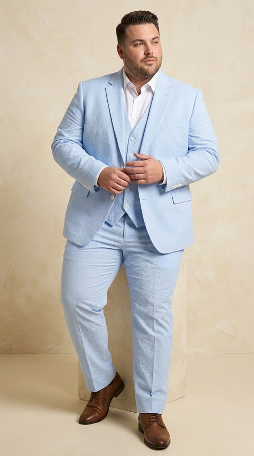 Men’s Blue Pinstripe Seersucker Suit with Jacket and Pants, Big and Tall Kentucky Derby Summer Suit