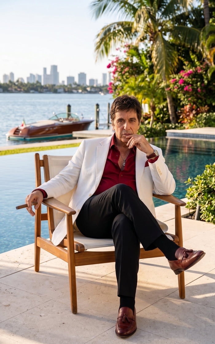 Tony Montana’s White Blazer Red Shirt Black Pants – Men’s White Blazer Outfit with Red Shirt and Black Trousers for Party, Wedding and Vintage Style Wear