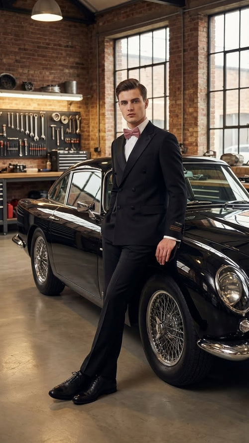 Tiglio Brand 100% Wool Super 150s Italian fabric Mens Classic Black Double-Breasted Tuxedo with Satin Peak Lapel Formal Wedding & Gala Suit Set