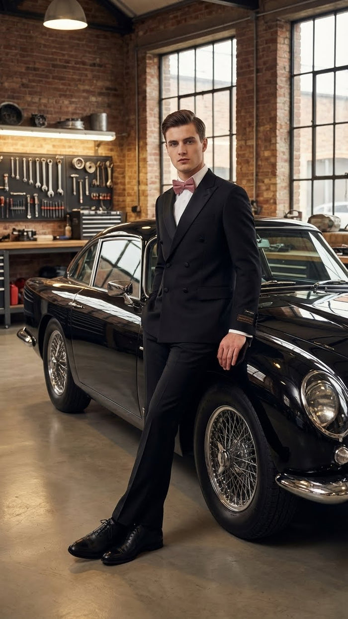 Tiglio Brand 100% Wool Super 150s Italian fabric Mens Classic Black Double-Breasted Tuxedo with Satin Peak Lapel Formal Wedding & Gala Suit Set