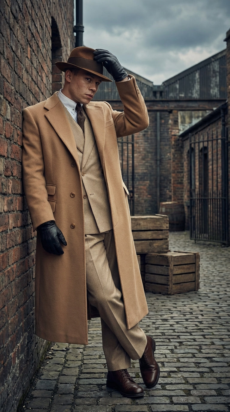Men’s Cashmere & Wool Camel Beige Long Overcoat – Peaky Blinders Style Vintage Formal Coat + Suit + Hat Package - Coat Size 38
