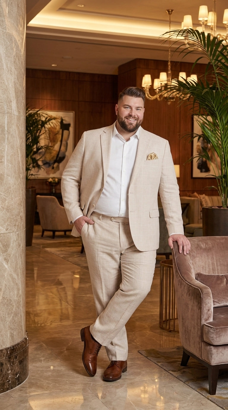 Men’s Big and Tall Beige Linen Suit – Summer Wedding and Formal 2-Piece Suit - 34 Short or Extra Small