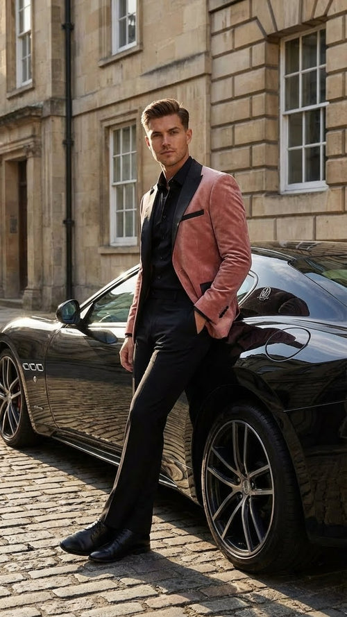 Mens Dusty Rose Pink Velvet Blazer with Black Satin Lapel | Formal Sport Coat in Mauve Color + Bowtie