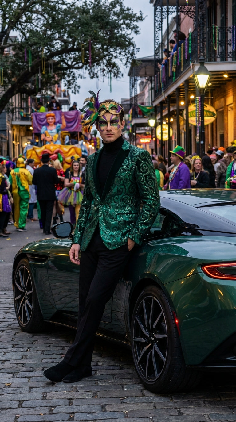 Mens Emerald Green Mardi Gras Blazer with Black Satin Lapel Paisley Swirl Pattern Formal Party Jacket