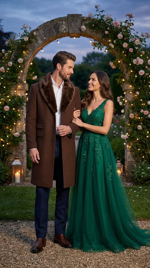 Mens Brown Long Overcoat with Faux Fur Collar Classic Winter Formal Coat Three Quarter Carcoat Wool and Cashmere Fabric