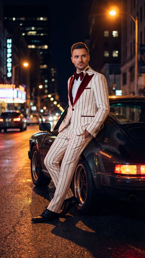 Mens White and Dark Red Pinstripe Tuxedo with Velvet Shawl Lapel Formal Dinner Blazer Prom Christmas New Year Holiday Suit