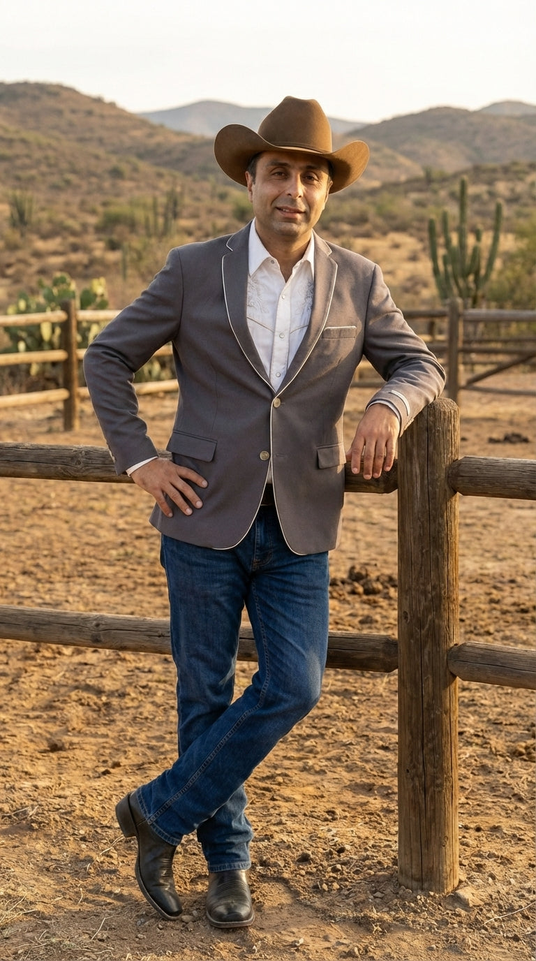 Mens Grey and White Trim Western Blazer – Classic Fit Cowboy Style Contrast Trim Dress Jacket - 34 Short