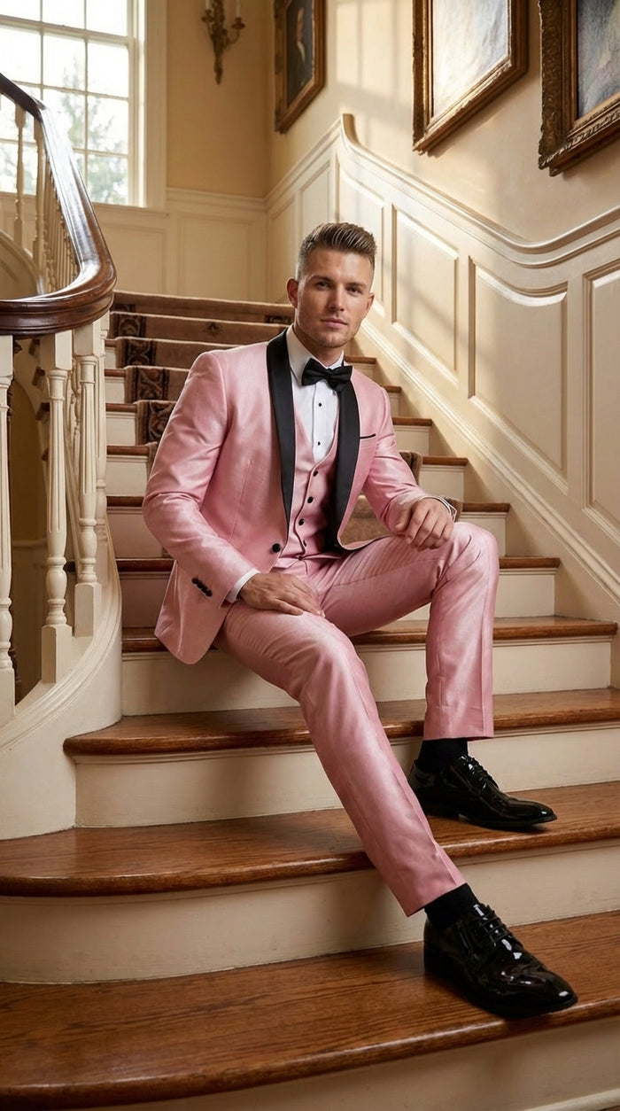 Mens Blush Pink Shiny 3 Piece Suit with Black Shawl Lapel | Light Pink Prom Suit Sharkskin Fabric - Ultra Slim Fit