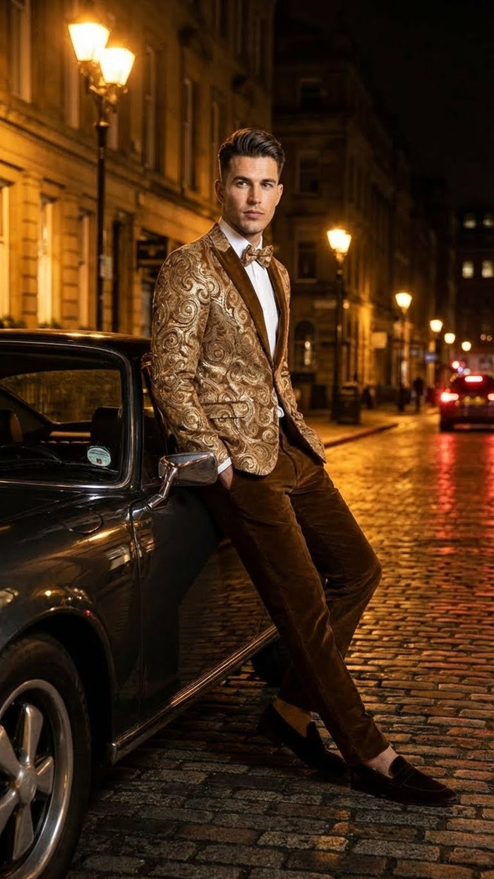 Mens Goldish Light brown Tuxedo dinner Jacket Embroidered Blazer Velvet Jacket for Formal Paisley Pattern Coffee Mocca Color