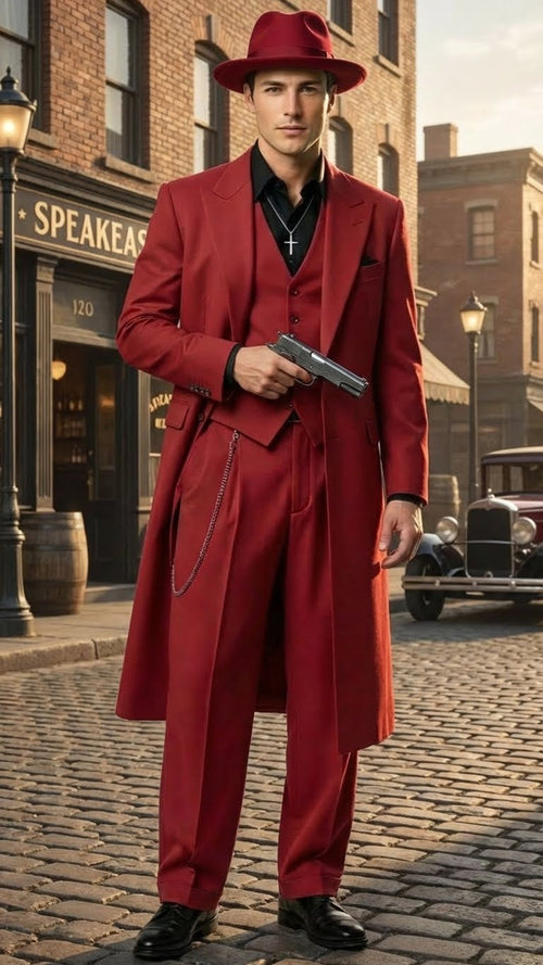 Mens 1920s Burgundy Zoot Suit Long Mafia Gangster Three-Piece Vintage Outfit Zuit Pachuco Style