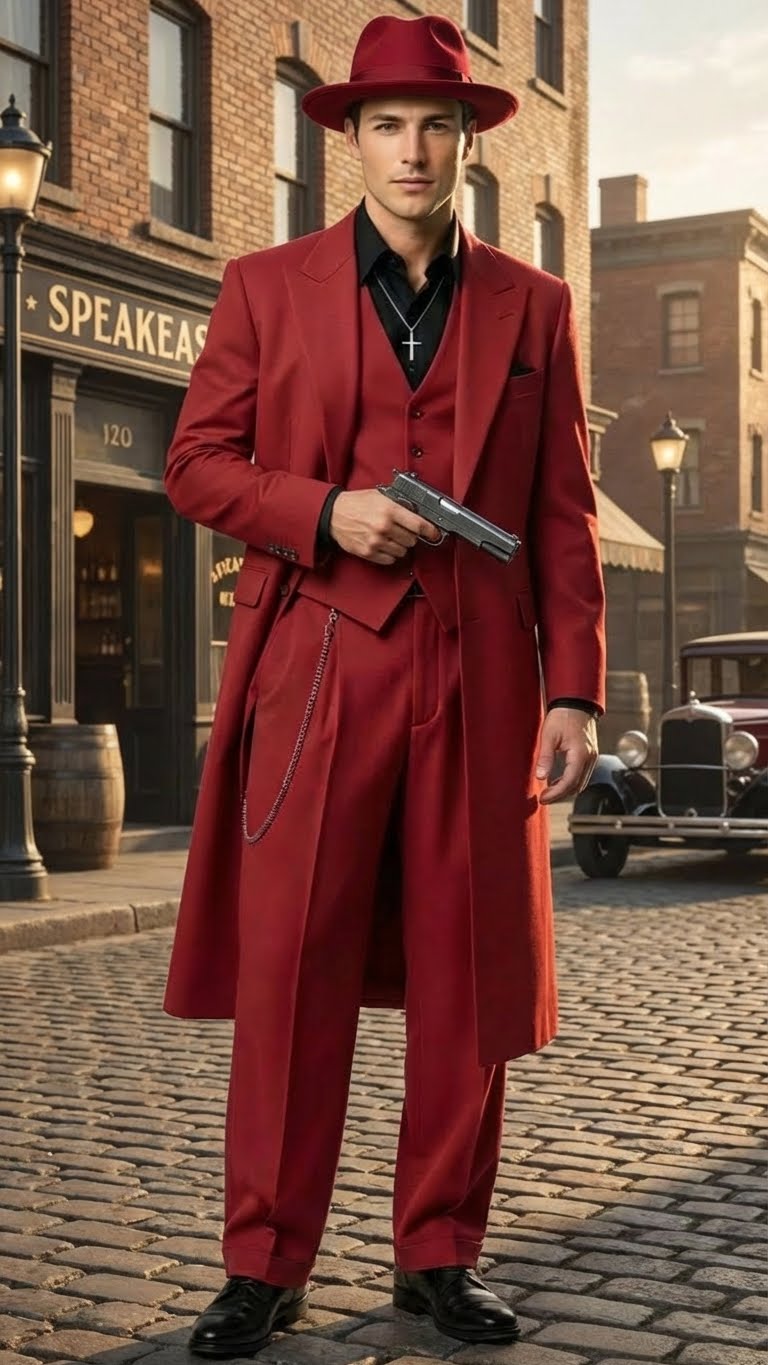 Men’s 1920s Red Zoot Suit – Long Mafia Gangster Three-Piece Vintage Outfit Zuit Pachuco Style - 34 Short or Extra Small