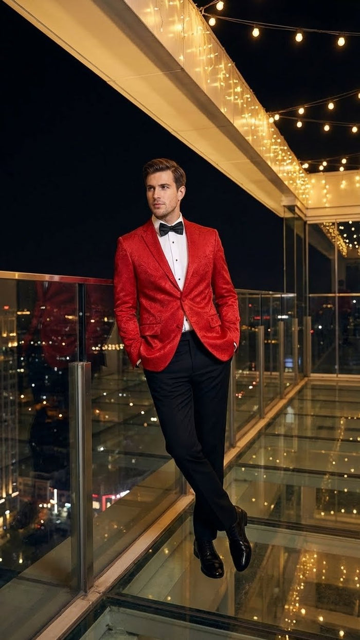 Mens Red Paisley Velvet Blazer - Christmas new year Sport Coat Jacket - Prom 2026 Collection