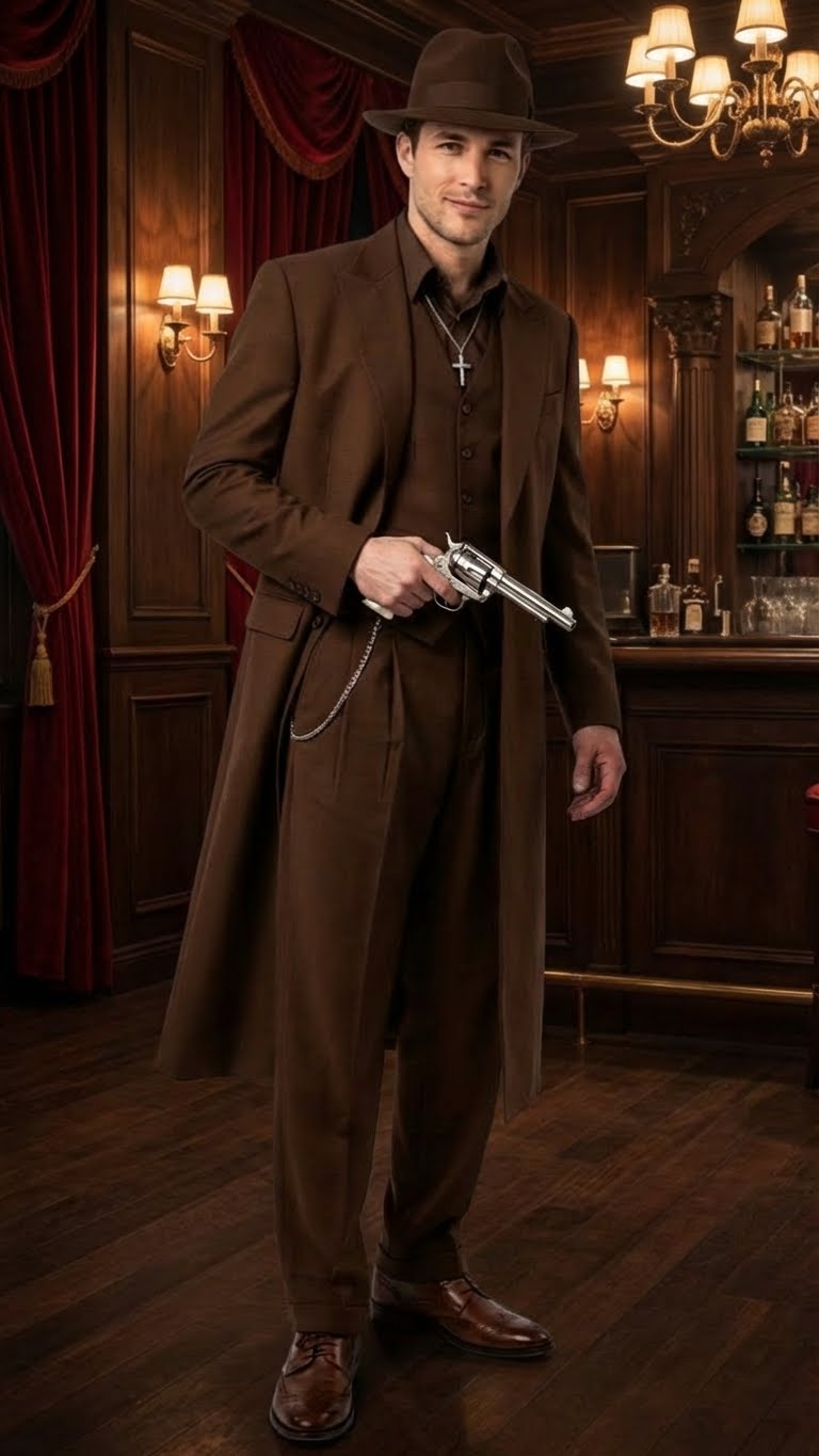 Men’s Brown 1920s Zoot Suit – Long Gangster Mafia Zuit Vintage Three-Piece Costume Set Pachuco Style - 34 Short or Extra Small