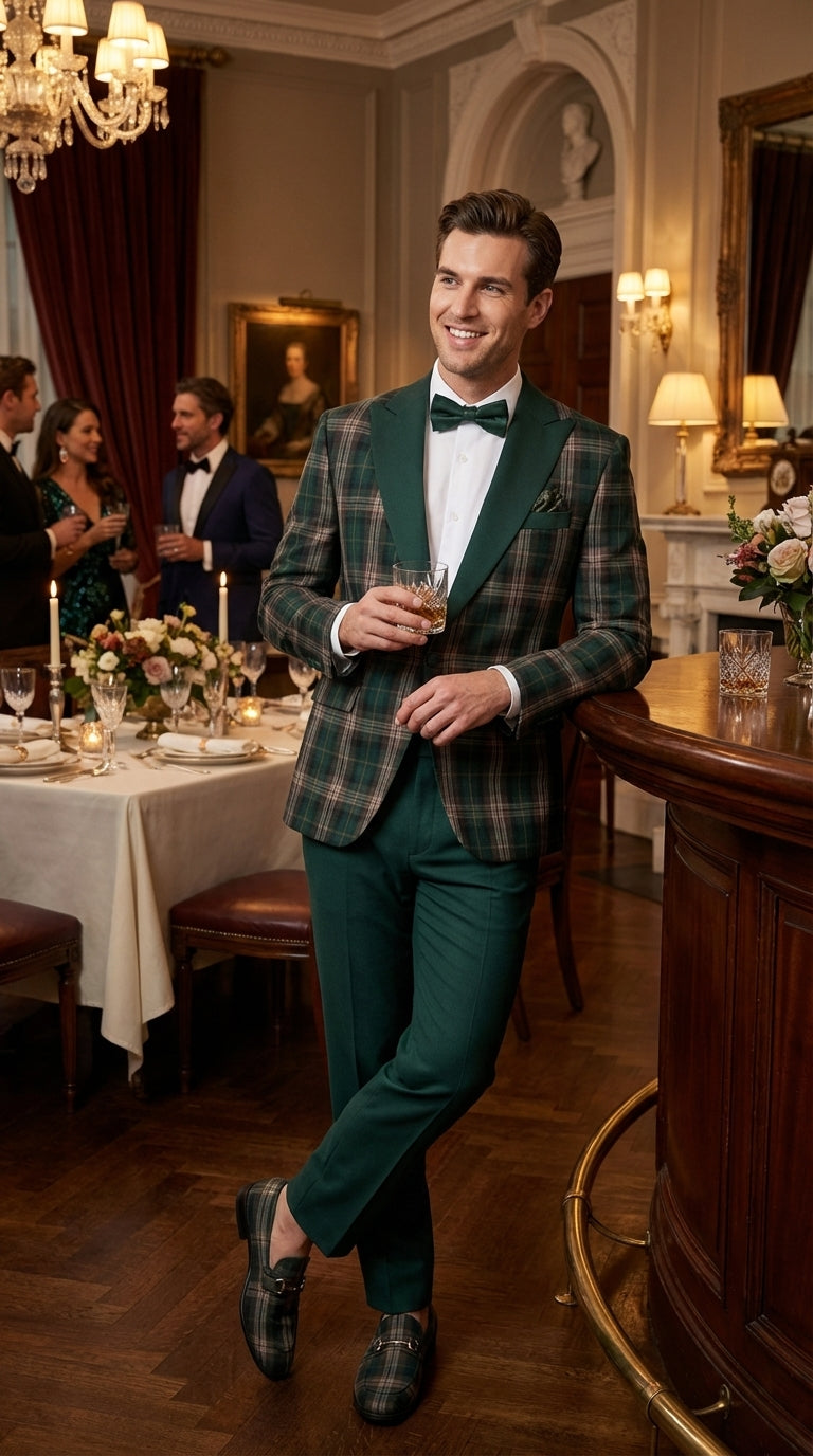 Mens Tartan Green and Brown Blue Plaid Tuxedo Dinner Jacket Set – Checkered Prom Blazer with Dark Green Pants Formal Wedding Party Wear - 36 Short