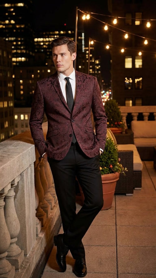 Mens Burgundy Paisley Blazer Sport Coat Velvet Dinner Jacket floral in Maroon Wine Color Ultra Slim Fit Smoking Jacket