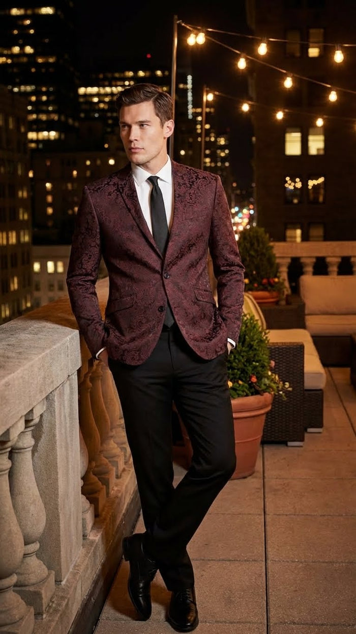 Mens Burgundy Paisley Blazer Sport Coat Velvet Dinner Jacket floral in Maroon Wine Color Ultra Slim Fit Smoking Jacket