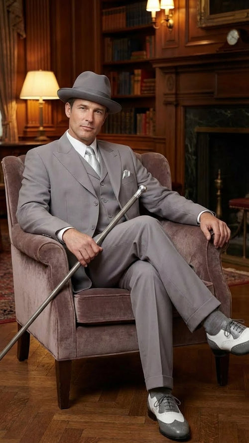 Mens Gray Zoot Suit with Matching Hat and 1920s Shoes | Grey Vintage Wedding and Party Three Piece Suit