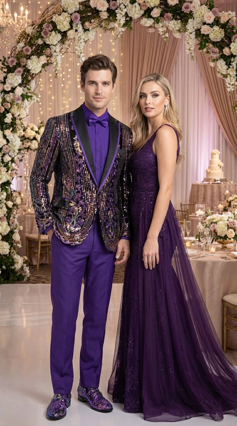 Mens Mardi Gra Black and Purple and Gold Sequin Tuxedo Jacket Set – Designer with Floral Pattern Jacket Formal Wedding Party Wear Bowtie - 36 Short