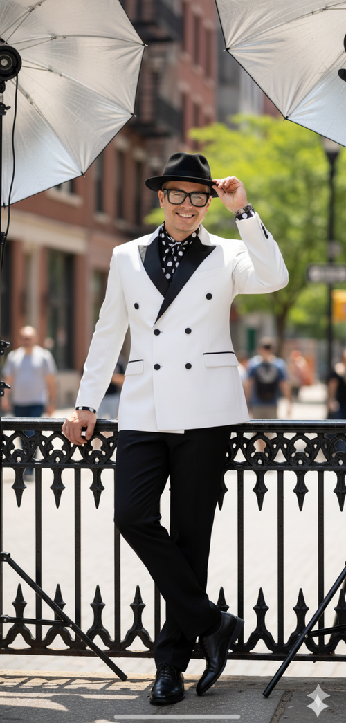 Mens White and Black Double-Breasted Tuxedo Modern Slim Fit Formal Suit for Weddings, Parties, and Special Occasions