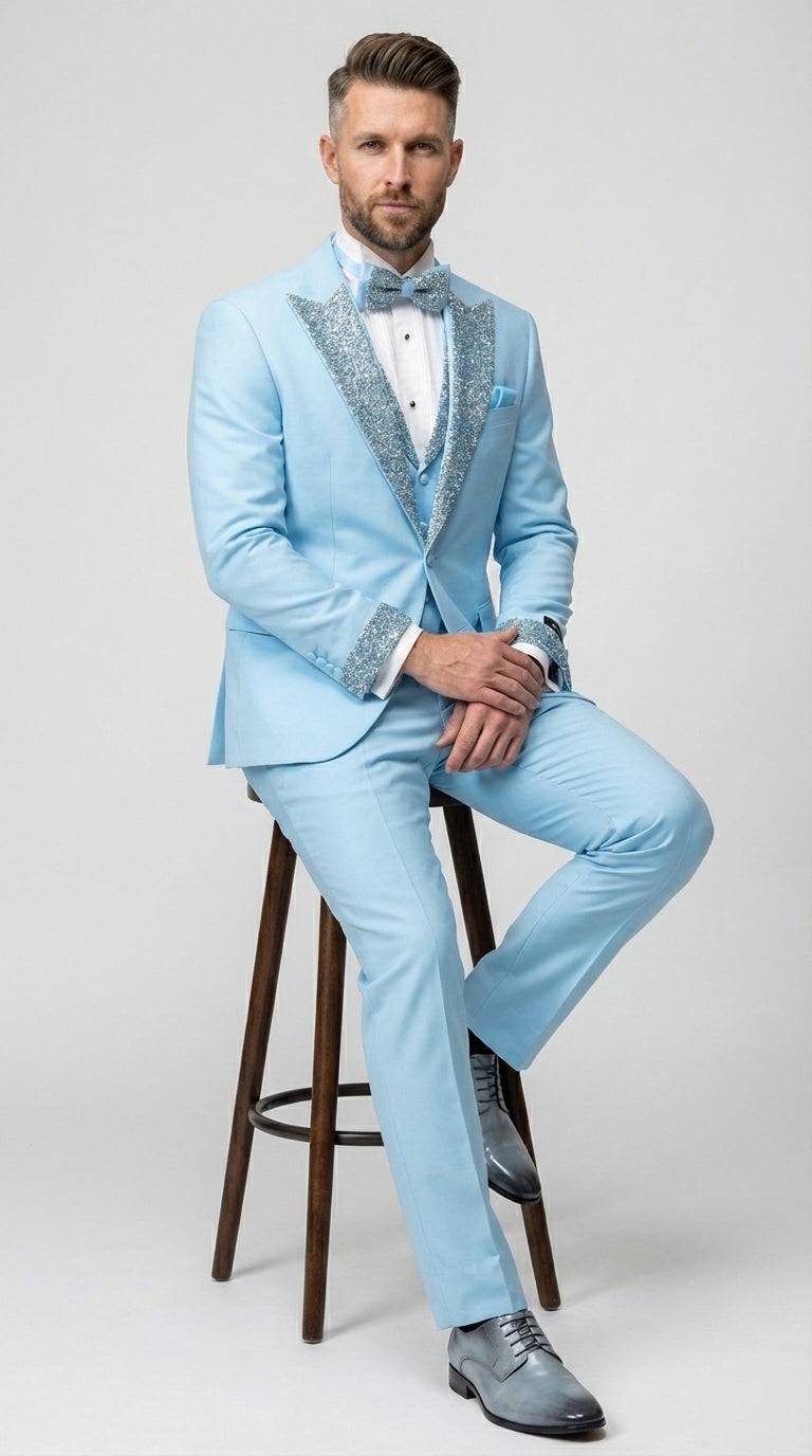 Mens Light Blue 3 Piece Prom Tuxedo – Sky Blue Formal Suit with Sequin Lapel Wedding Party Tuxedo Set in Baby Blue - 34 Short or Extra Small