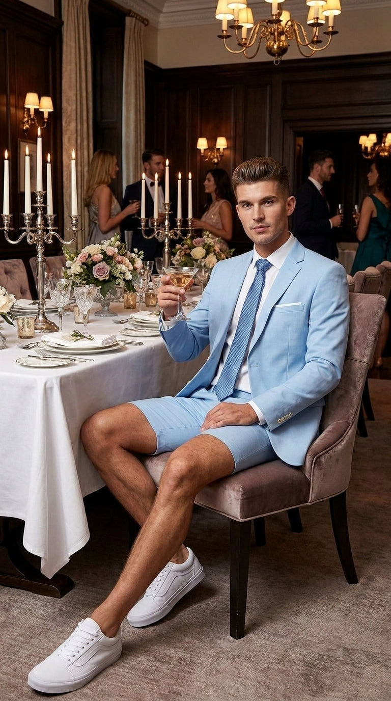 Men’s Light Blue Suit with Shorts – Casual Summer Blazer and Shorts Set for Wedding, Party and Smart Casual Wear - 36 Short