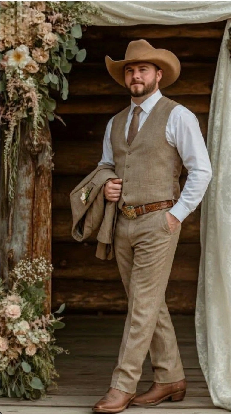 Mens Sharkskin Dark Taupe Tan with sheen Western 3 Piece Suit – Classic Country Style Blazer Vest Pants Set, Formal Cowboy Suit Outfit - 34 Short or Extra Small