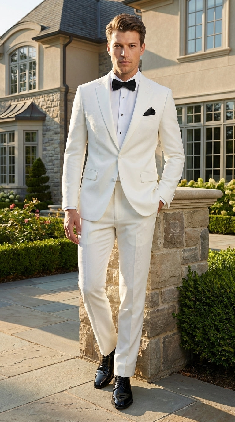 Mens White Wedding Tuxedo Suit – Formal Groom Suit Set Classic Dinner Jacket + White Tuxedo Shirt + Black Bow Tie - 34 Short or Extra Small