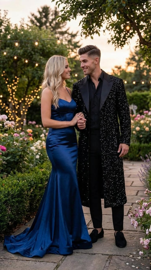 Mens Black Sequin Long Coat with Satin Shawl Lapel Luxury Statement Evening Overcoat