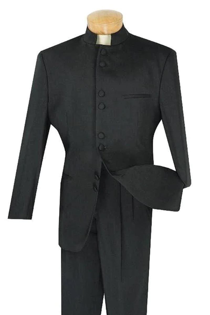 "Black Mandarin Collar Suit - Men's Classic 8-Button Style"