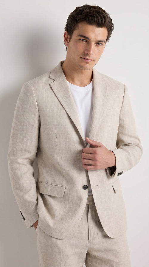 Men’s Informal Summer Suit, Light Beige Casual Linen Style Blazer and Pants Set