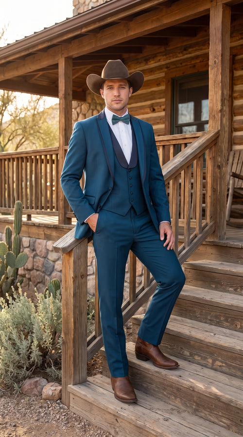 Men’s Teal Blue Western Tuxedo Suit, 3 Piece Cowboy Formal Wedding Prom Suit with Black Shawl Lapel Saphire