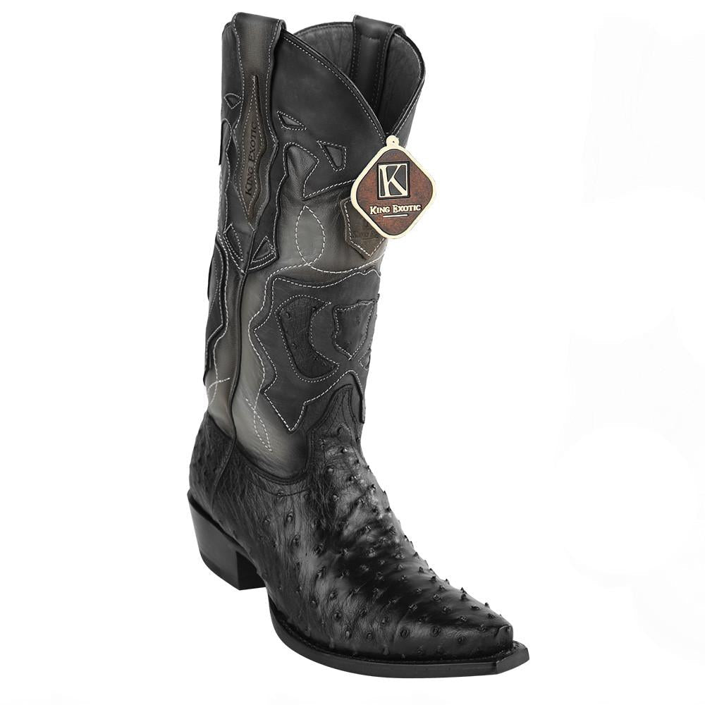 King Exotic Men's Ostrich Western Snip Toe Boots - Black