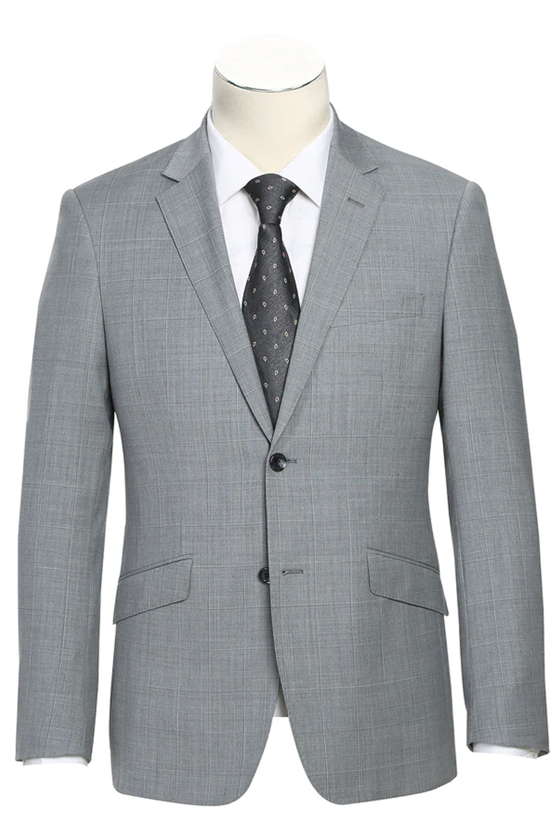 "Light Grey Windowpane Plaid Men's Slim Fit Two-Button Suit" - 36 Short