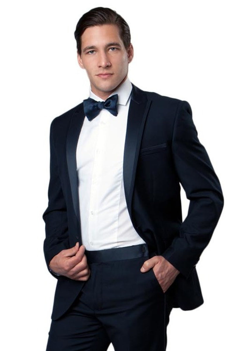 Navy Blue Men's Slim Fit Tuxedo with Satin Trim for Prom & Wedding