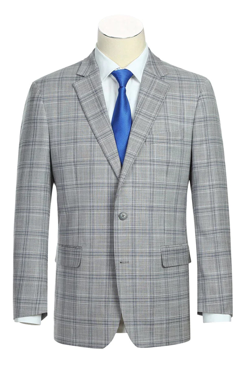 "Classic Fit Men's Two-Button Suit in Light Grey & Navy Blue Plaid"