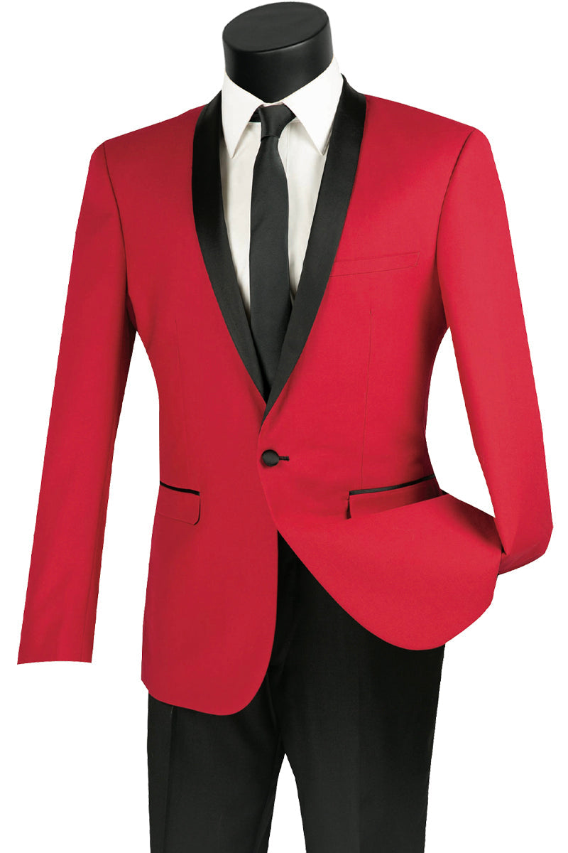 Mens Slim Fit One Button Shawl Tuxedo in Red - 36 Short