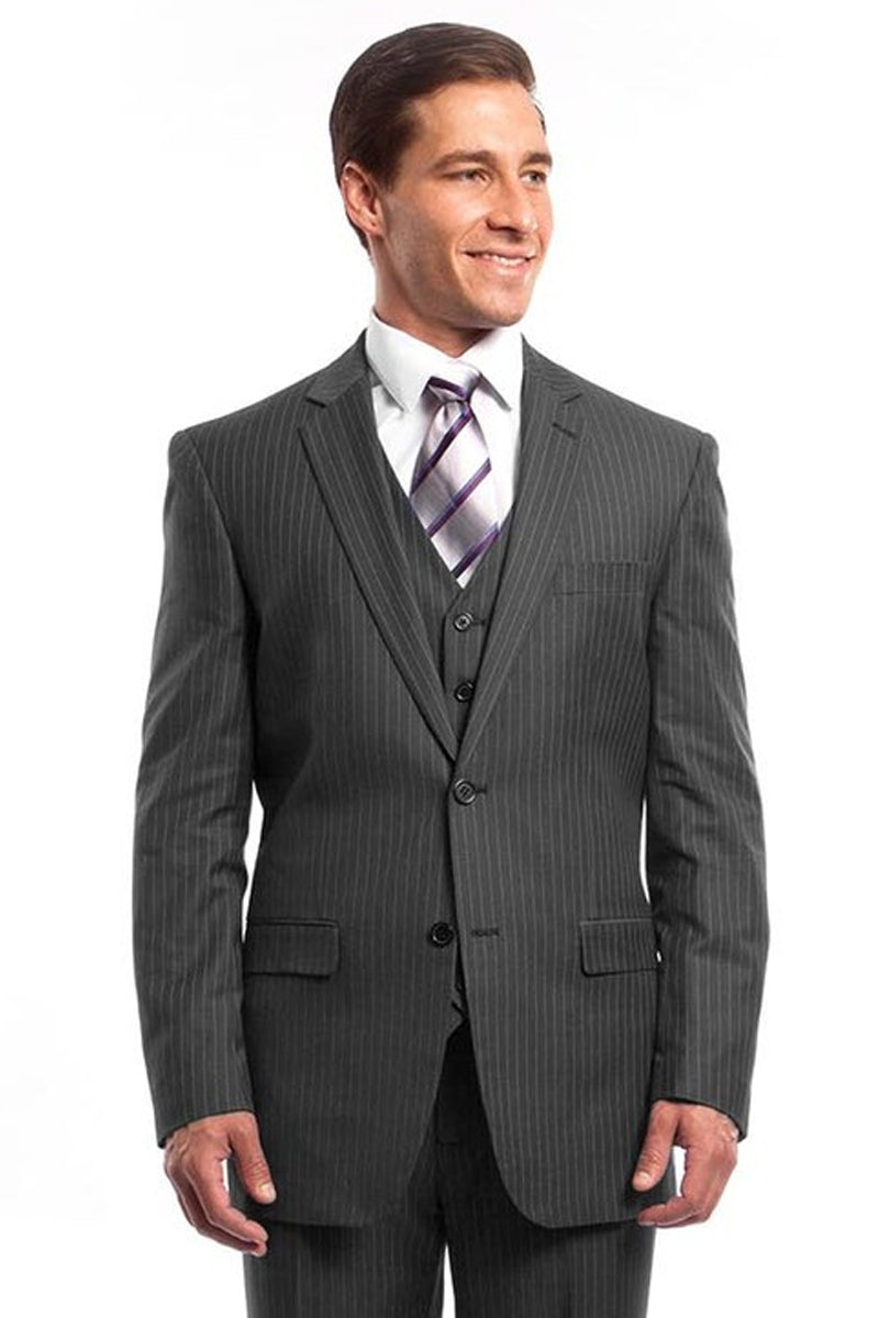 Pinstripe Grey Business Suit - Men's Two Button Vested Style