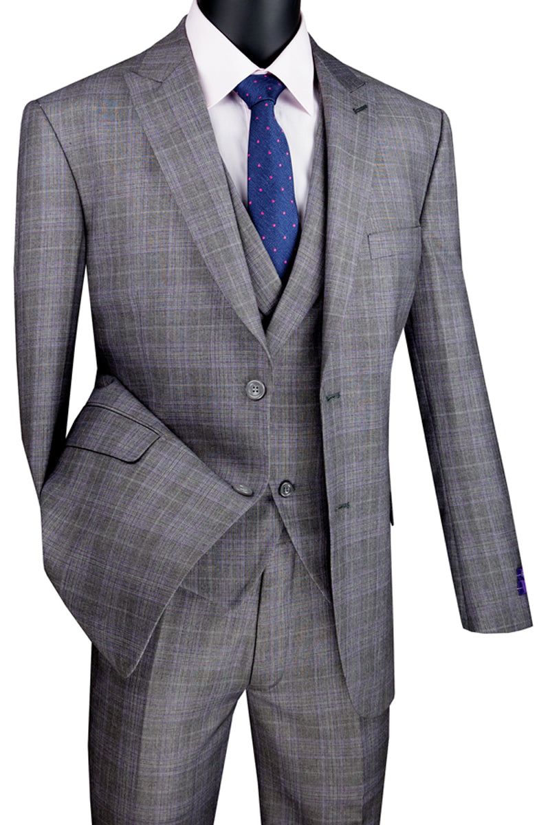 Mens 2 Button Vested Peak Lapel Plaid Suit in Grey - 36 Short