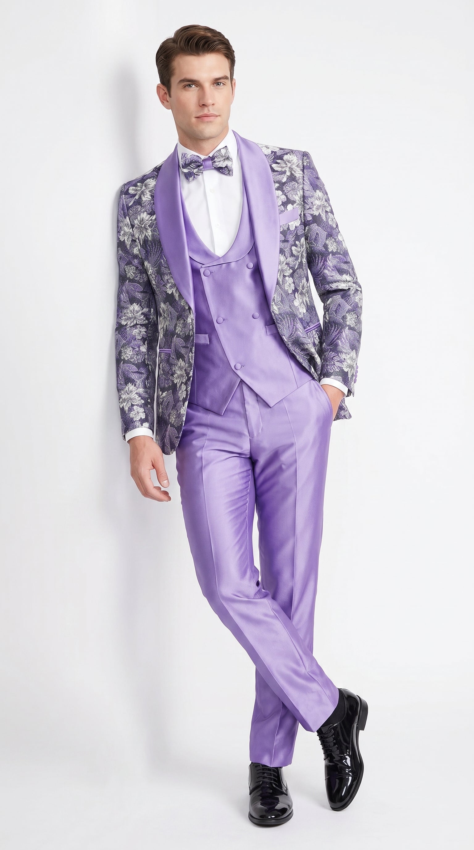 Men’s Lilac Lavender Prom Suit – Floral Shawl Lapel 3 Piece Tuxedo with Matching Vest and Pants - 34 Short or Extra Small