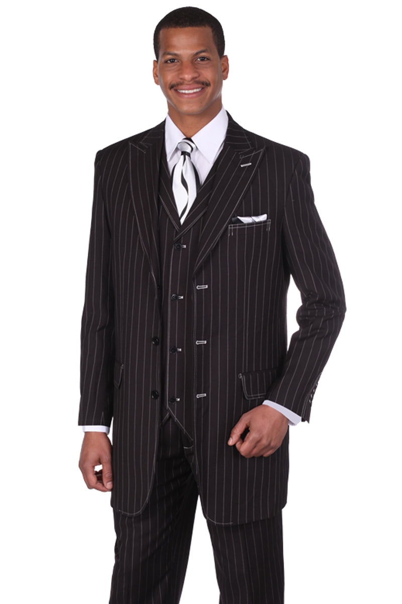 Vintage Gangster Pinstripe Men's Suit with Vest - Black and White Fashion