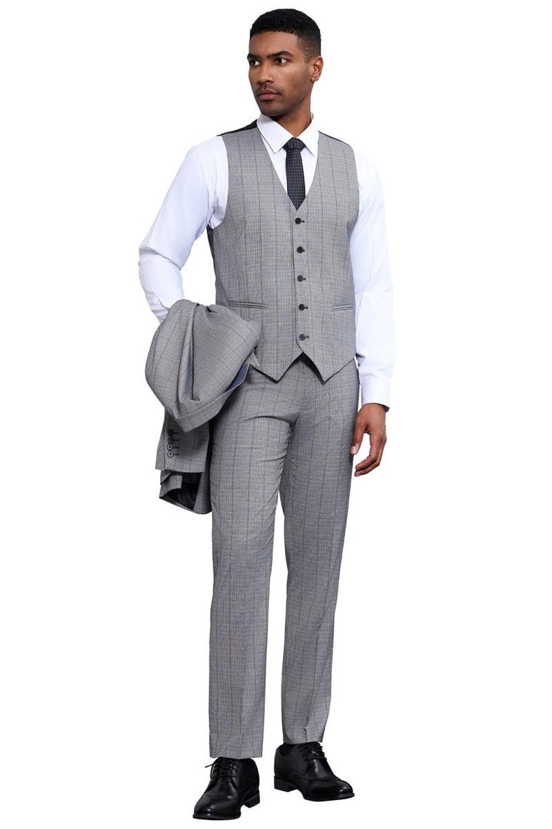 Men's Stacy Adams Modern Fit Vested Tonal Windowpane Plaid Suit in Light Grey - 38 Regular