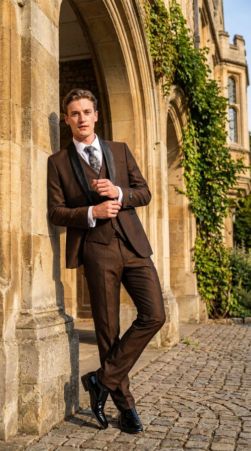 Men’s Chocolate Brown 3-Piece Tuxedo Suit with Black Satin Shawl Lapel – Shawl Collar Vested
