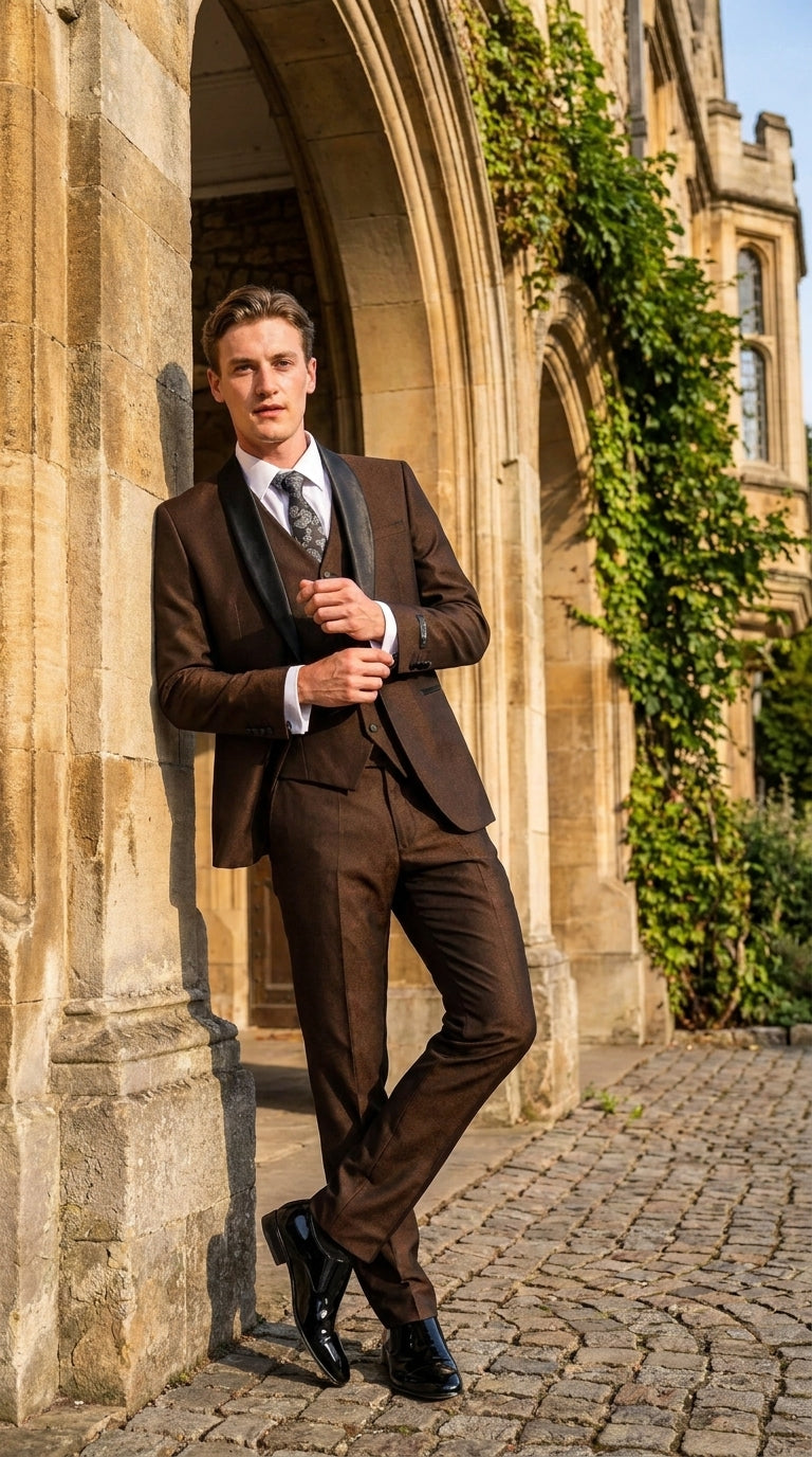 Men’s Chocolate Brown 3-Piece Tuxedo Suit with Black Satin Shawl Lapel – Shawl Collar Vested