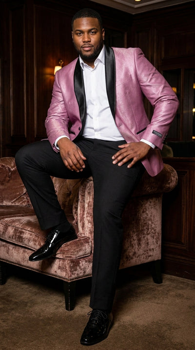 Men’s Shiny Pink Tuxedo Dinner Jacket with Black Pants – Shawl Lapel Formal Tuxedo
