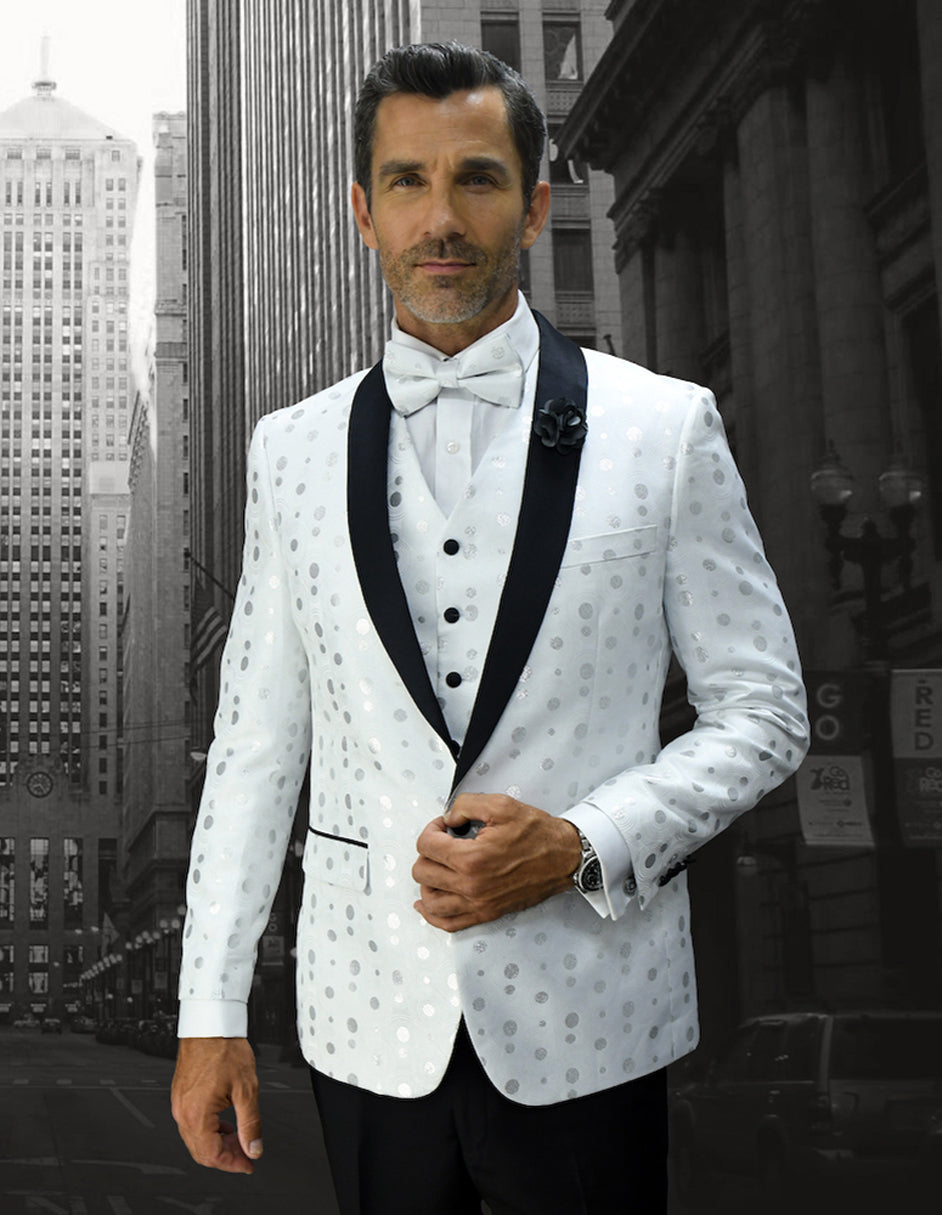 Mens Vested Polka Dot Tuxedo in White - 40 Short