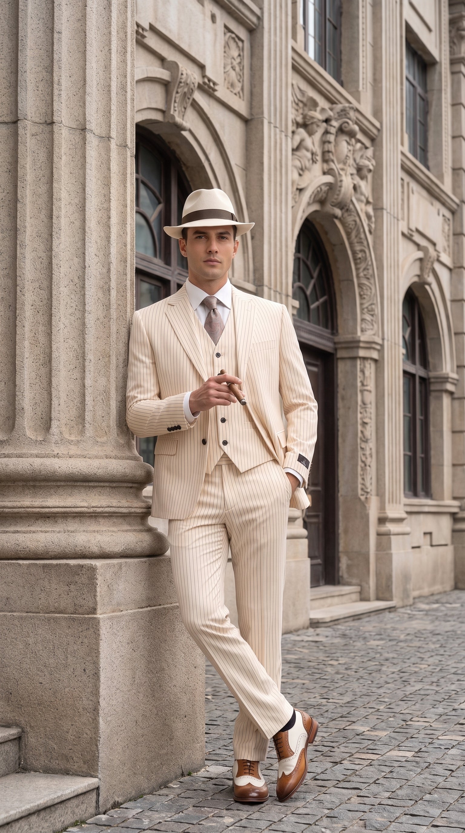 Men’s Ivory Cream Pinstripe 3-Piece Suit – 1920s Gangster Gatsby Wedding and Formal Suit