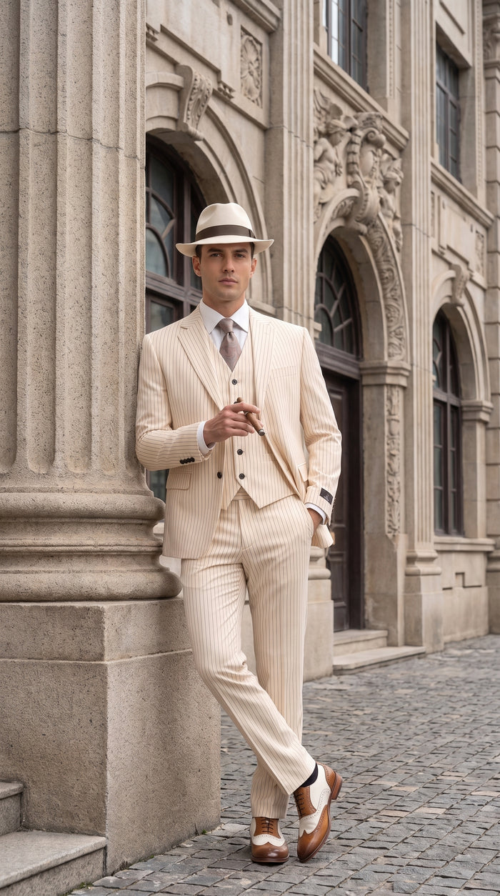 Men’s Ivory Cream Pinstripe 3-Piece Suit – 1920s Gangster Gatsby Wedding and Formal Suit