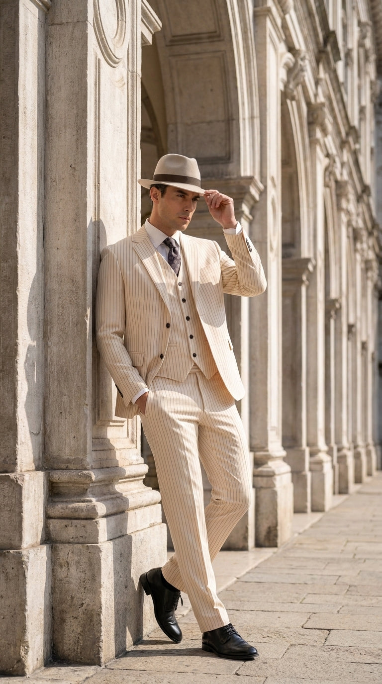 Men’s Ivory Cream Pinstripe Scarface Suit – Vintage Gangster Modern Fit 3-Piece Wedding Suit - 34 Short or Extra Small