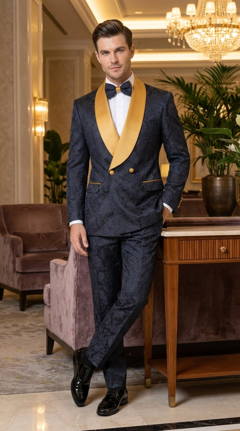Men’s Black and Gold Hollywood Tuxedo – Double-Breasted Shawl Lapel Prom, Wedding and Formal Suit - 34 Short or Extra Small