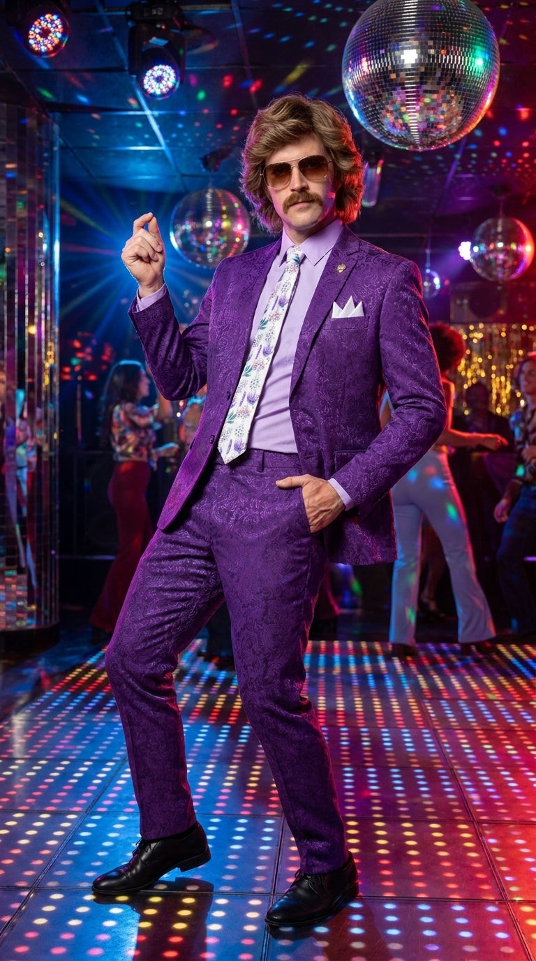 Men’s Purple Paisley 2-Piece Suit – 1970s Disco, Retro Rockabilly, Prom and Party Suit - 34 Short or Extra Small